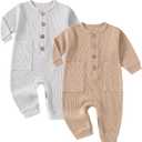 Baby Boys Girls 2 Pack Solid Romper Ribbed Long Sleeve One-Piece Knit Cotton Jumpsuit Outfits Clothes, Size: 0-3 Months