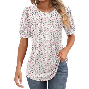Riyiper Women's Short Sleeve Pleated Tops Crew Neck Puff Sleeve Spring Blouses Tunic Top Summer Dressy Casual T Shirt (White)