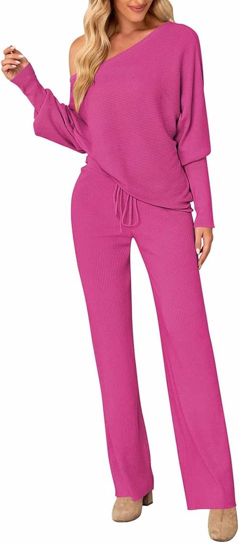 AOHITE Womens 2 Piece Outfits One-Shoulder Knit Pullover Sweaters Top Wide Leg Pants Sets Sweatsuit Tracksuit (Medium, B Rose Red)