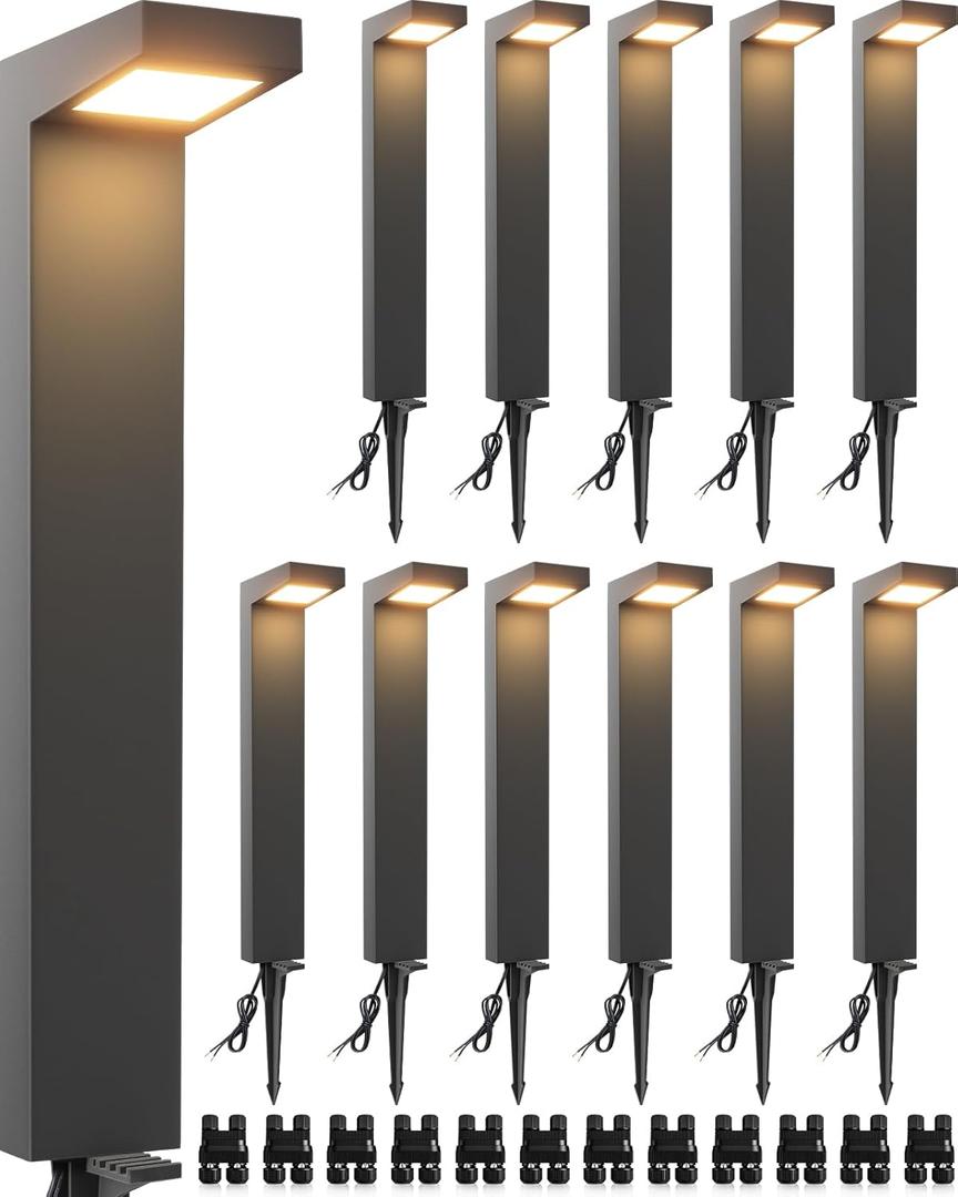 SUNVIE 12-Pack Low Voltage Landscape Lights 5W 3000K LED Pathway Lights IP65 Waterproof Outdoor Landscape Path Lighting with Connectors Cast-Aluminum for Garden Walkway Yard, 12-24V AC/DC, Warm White
