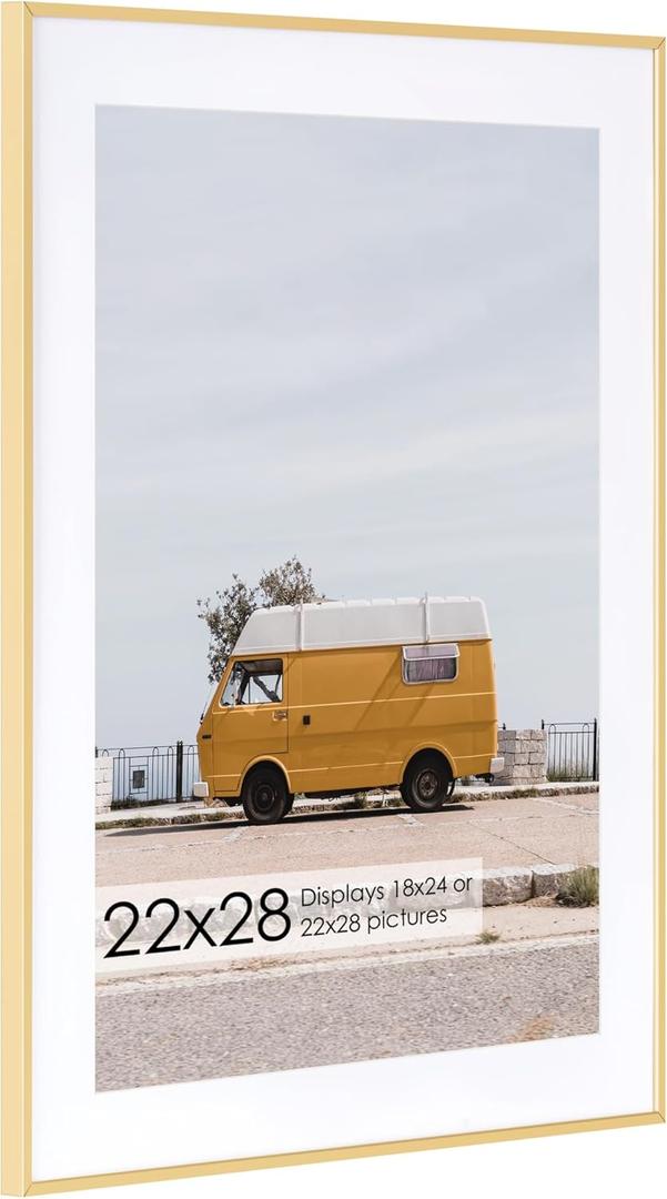 Fun Memories 22x28 Metal Picture Frame with 18x24 Mat, Brushed Aluminum Finish, Tempered Glass Front, and Attached Hanging Hardware - Wall Display Frames for Vertical or Horizontal Orientation - Gold