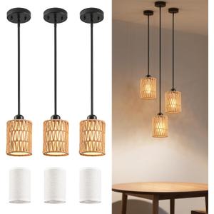 Rattan Pendant Light 6 Inch 2-in-1 Boho Hanging Fixture with Iron Rods & Linen Shade, Adjustable Height & Sloped Ceiling Compatible for Kitchen Island Dining Room Farmhouse Bedroom, 3 Pack