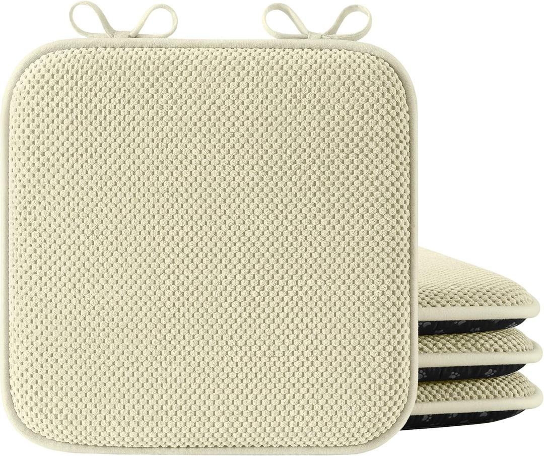 puredown Chair Cushions for Dining Chairs, Set of 4 Memory Foam Seat Cushions with Non-Slip Backing & Ties, 16" x 16" x 1.5", Comfortable & Supportive Dining Chair Pads for Kitchen, Light Khaki