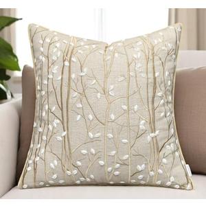 VAGMINE Embroidered Botanical Accent Pillow Cover 20x20 – Natural Linen Square Cushion Cover for Farmhouse Chair & Couch Styling – Forest