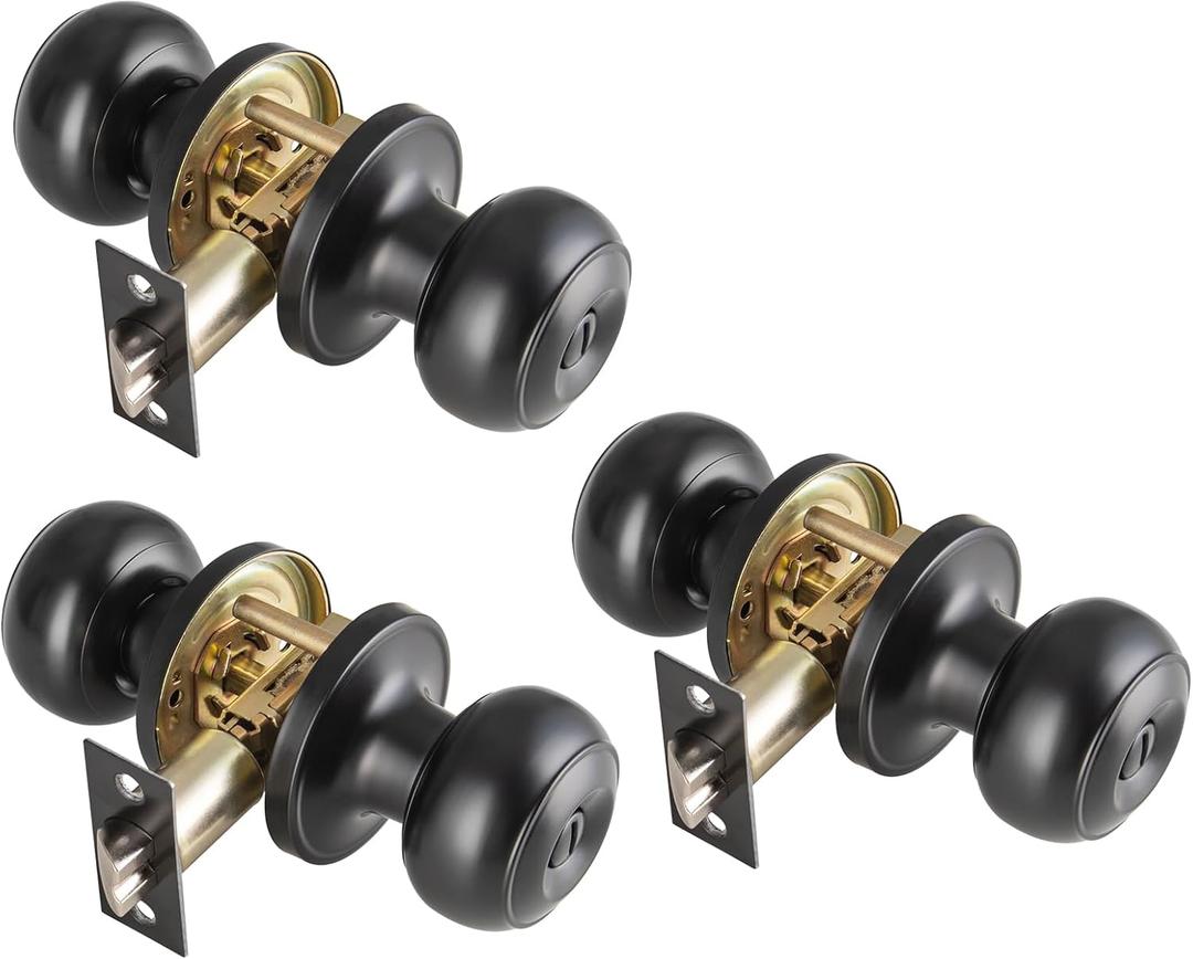3 Pack Black Door Knobs Interior Keyless, Door Knobs for Bathroom & Bedroom, Matte Black Privacy Door Knob with Turn Lock