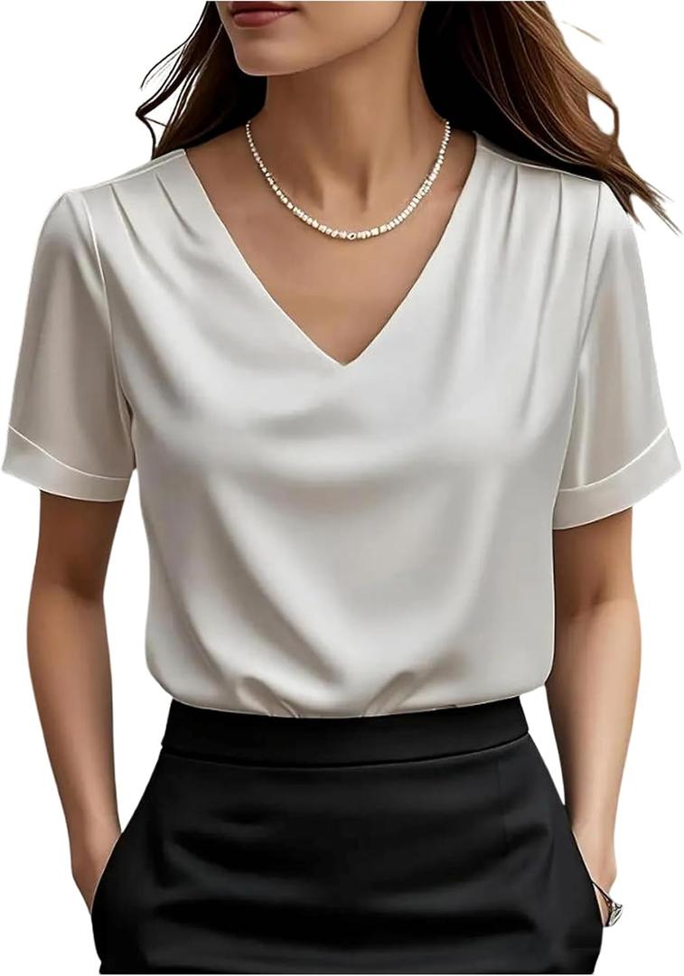 SOLY HUX Women's Satin Blouse Dressy Casual V Neck Short Sleeve Shirts Elegant Office Tops, Large
