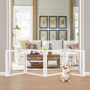 LZRS Extra-Wide Clear Dog Gate for Indoor Use - Transparent Pet Fence with Solid Hardwood and Plastic Board, Stylish & Durable freestanding Pet Gate for Doorways, Stairs and Hallways-4 Panel White