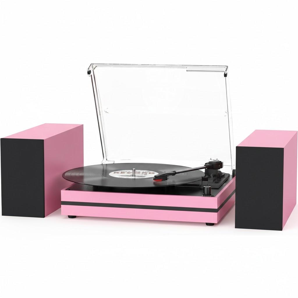 Vintage Record Player with External Speakers Belt-Drive Turntable for Vinyl Records Dual Stereo Speakers LP Players Support 3 Speed 3 Size Wireless Playback AUX Headphone Input Auto Stop Pink