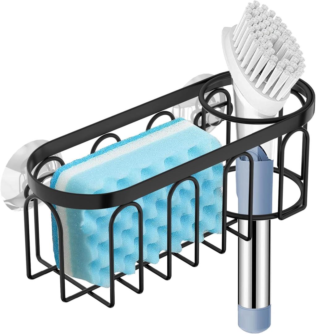 Yazoni 2-in-1 Sponge Holder for Kitchen Sink, Suction Cup Sponge Rack Kitchen Caddy, No Drill Rustproof Sink Organizer Holder for Place Dishwashing Brush Soap (Black)