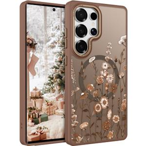 DOMAVER for Samsung Galaxy S25 Ultra Case, Magnetic Phone Case for Samsung S25 Ultra [Compatible with MagSafe] Slim Fit Flowers Floral Design Shockproof Protective Bumper Women Girls Cover- Brown