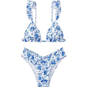 Women's 2 Piece Bikini Sets High Cut Ruffle Trim Triangle Floral Bathing Suit Wireless Tie Back Swimsuit (Large, Blue and White)