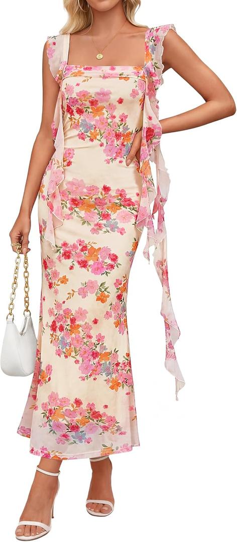 ZESICA Women's Summer Floral Maxi Dress 2026 Boho Sleeveless Square Neck Bodycon Mesh Wedding Guest Vacation Dresses (Yellow, XL)