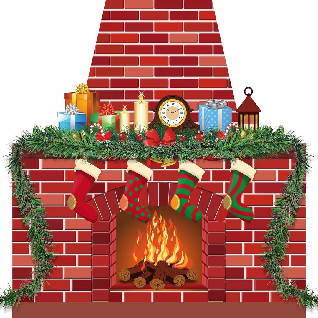 TaoBary Christmas Cardboard Fireplace 35.4 x 38.6 Inch Red Brick Bulletin Board Decoration Christmas Holiday Hearth Bulletin Board with 16.4 ft PVC Artificial Garland for Christmas Home Decor