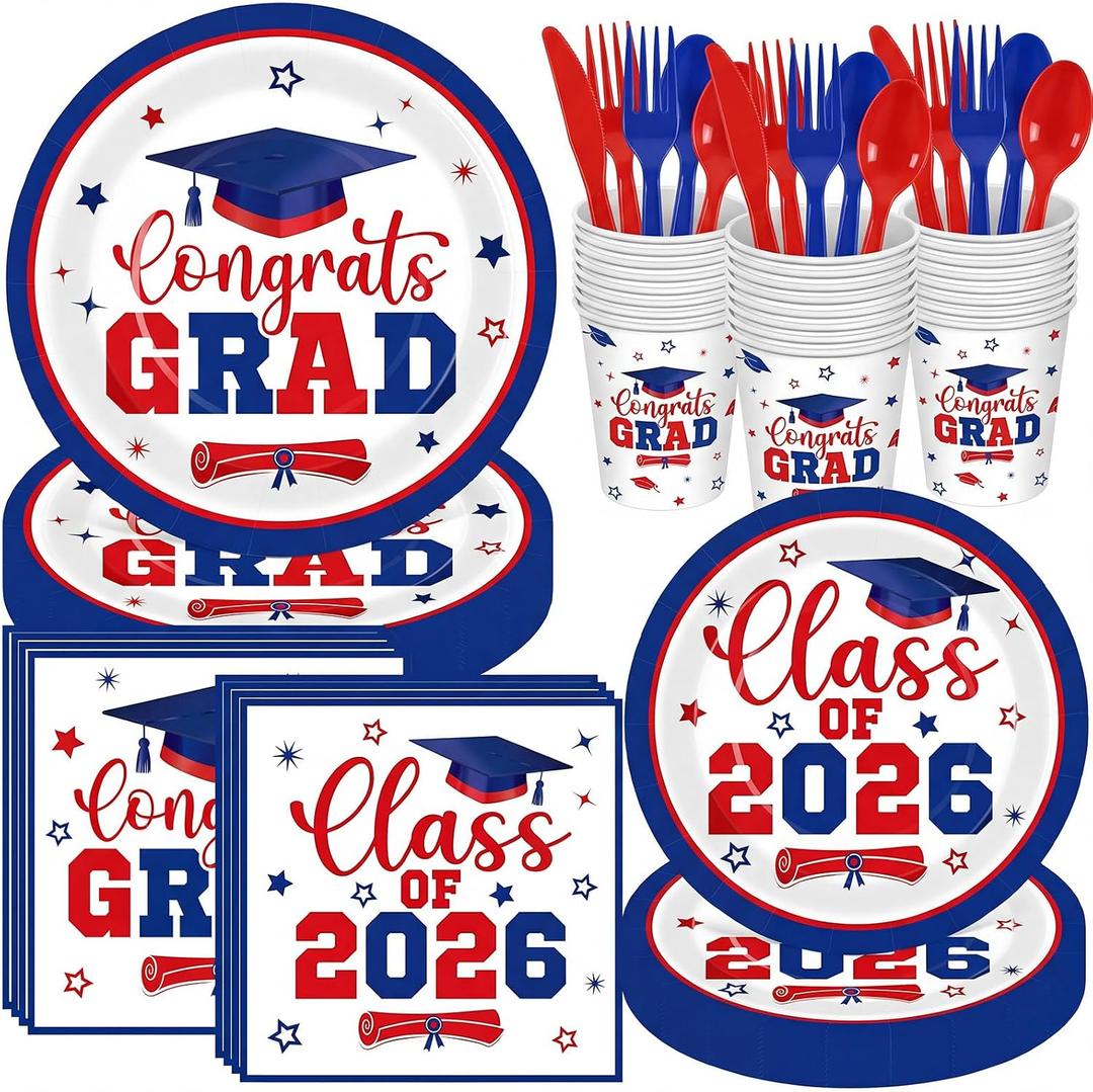 Funnymoom 400 Pcs Graduation Party Supplies Class of 2026 Graduation Paper Plate Napkin Cup Cutlery Congrats Grad Disposable Tableware Set for Grad Party Decorations, Serve 50 (Blue, Red)