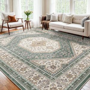 10x12 Washable Area Rug for Living Room - Non-Slip Vintage Rugs Green Beige