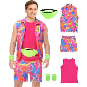 Mens 80s Workout Costume 90s Outfit for Men - Retro Neon 5 Piece Halloween Cosplay Couples Costume Set (Pink, XXL)