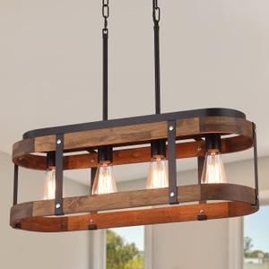 Rustic Farmhouse Wood Kitchen Island Lighting, 4 Lights Rectangular Pendant Light Fixture, Adjustable Rods Oak Wood and Metal Linear Chandelier for Kitchen Island Farmhouse Dining Room, Black