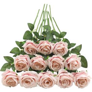 Tifuly Champagne Pink Roses Artificial Flowers - 12 Pcs Long Stem Silk Roses, Realistic Fake Roses with Stems for Bridal Bouquets, Home and Office DIY Decor