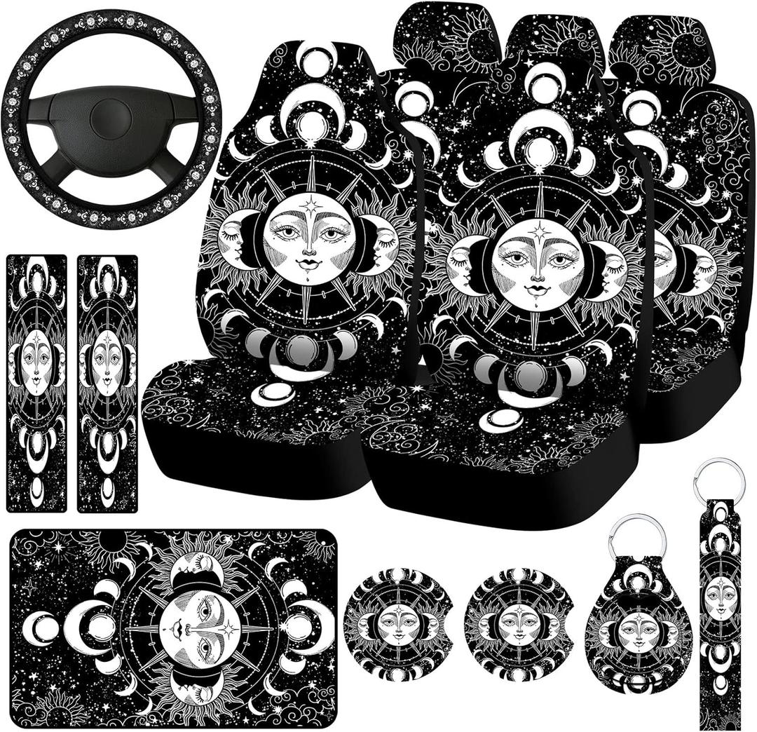 Riakrum 15 Pcs Moon Stars and Sun Car Seat Covers Full Set Thick Car Front and Back Seat Steering Wheel Seatbelt Strap Cover Armrest Pads Cup Mat Wrist Strap Key Chains for Auto Truck