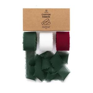 Christmas Ribbon Chiffon Silk Fringes 1" x 21 Yd Fabric Package (3 Rolls * 7 Yd) for Wedding Invitations Bridal Bouquets Decorations Gifts Wrapping & Bow Making Green Red & White