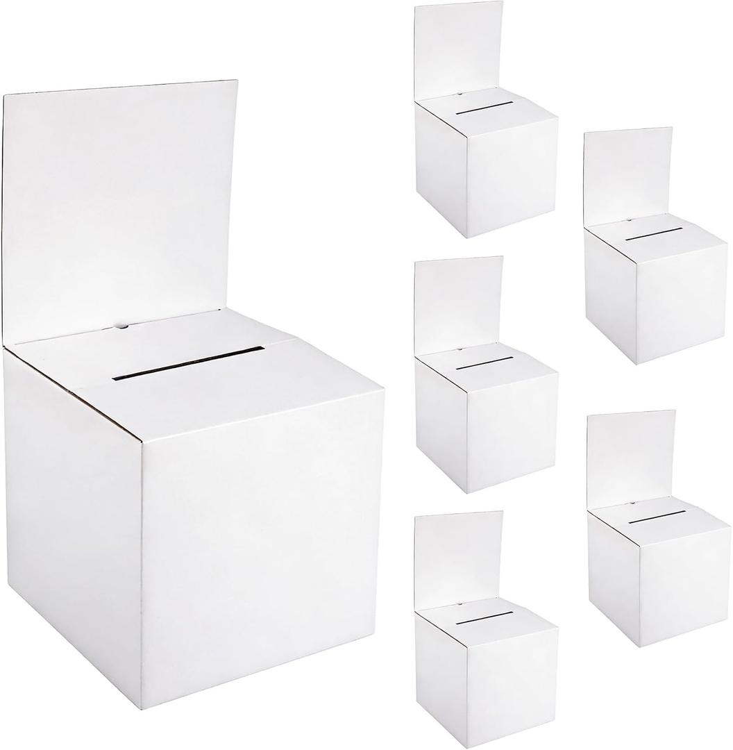 Klmnop 6 Pack 10 x 10 x 10 Inch Raffle Boxes with Slot, Large Cardboard Ballot Box with Removable Header, Donation Box for Voting, Donation, Fundraising, Suggestion & Ballot Contest(White)