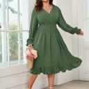 Women's Plus Size Fall Dress Long Sleeve V Neck Smocked Swiss Dot Flowy High Waisted A Line Ruffle Midi Dress (XL)