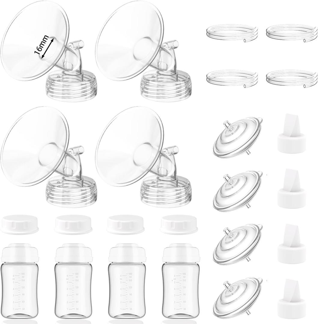 4packs 16mm Full Breast Replacement Pump Parts for Spectra S1 S2 9 Plus Synergy Gold Include 13mm Flange,Valve,Backflow Protector,Tube,Bottle,Caps, Fit for Motif Luna Cimilre Ameda MYA Pump