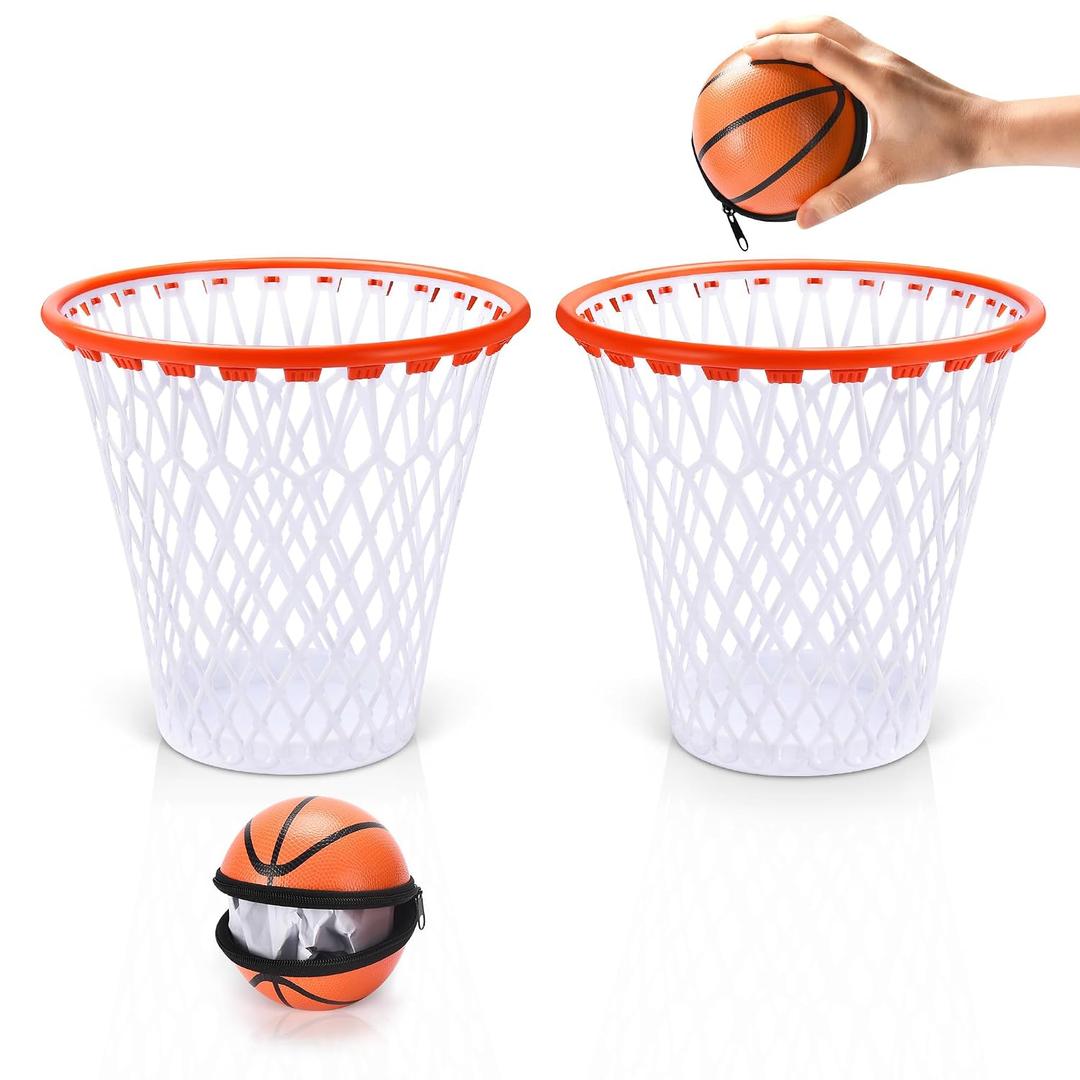Set of 2 Basketball Trash Can - 2 Zippered Shooting Balls - Perfect Basketball Gift - Boys Room Decor - Easter basket for Dorm or Home Office - Kids Bedroom Wastebasket - Sport Party- Size 12"x12"x12"