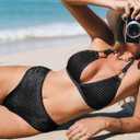 CUPSHE Women's Two Piece Bikini Sets V Neck Bathing Suits Textured Halter Side Shirred Back Hook Adjustable Straps, L