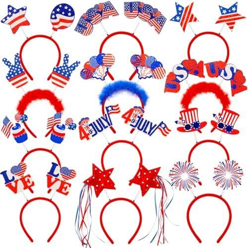 fulasiteu 12Pcs 4th of July Headband Patriotic Headbands Star Uncle Sam Hat Balloons Headband for Women Girls American Flag Independence Day Party Favors Fourth of July Party Accessories