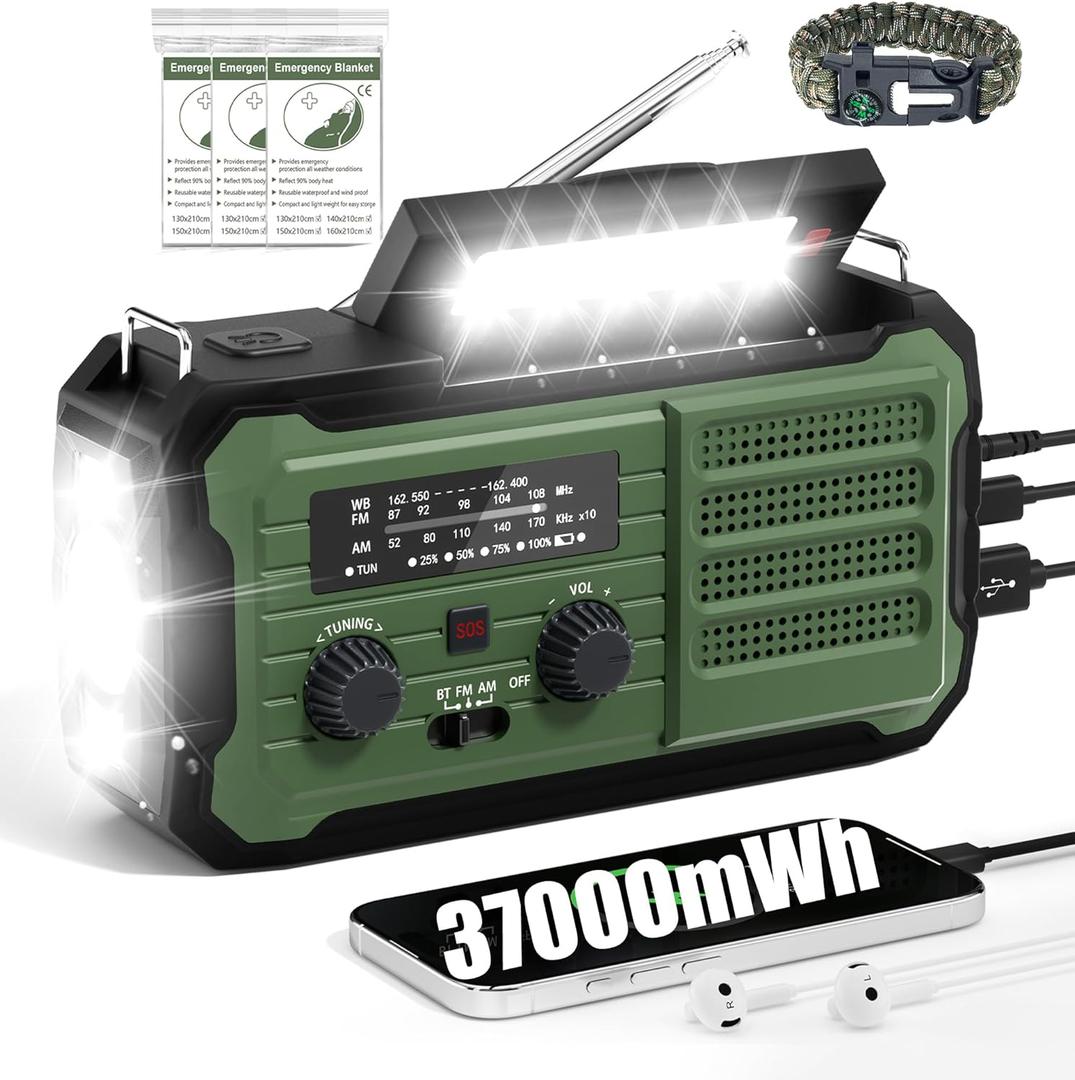 Emergency Radio Hand Crank Solar, 10000mAh/37000mWh Emergency Weather Radio, Hand Crank Solar Radios with NOAA/AM/FM, Thermal Blanket, Survival Bracelet, for Home & Outdoor (Army Green)