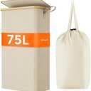 Lifewit 75L Slim Laundry Hamper with Lid, Narrow Laundry Basket with Removable Bag & Bamboo Handles, Fodable Thin Dirty Clothes Hamper for Laundry Collapsible Bin for Bathroom Bedroom Dorm, Beige