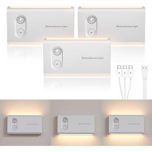 Rechargeable Motion Sensor Light Indoor, Dimmable Warm White LED Night Light, Magnetic, Adjustable Emission Direction for Hallway, Stair, Toilet, and Under Cabinet Lighting, (3 Pack)