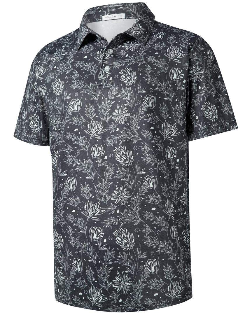 BOJIN Men's Print Golf Polo Shirts 166A Dark Gray Flower Leaves 2X (XXL)