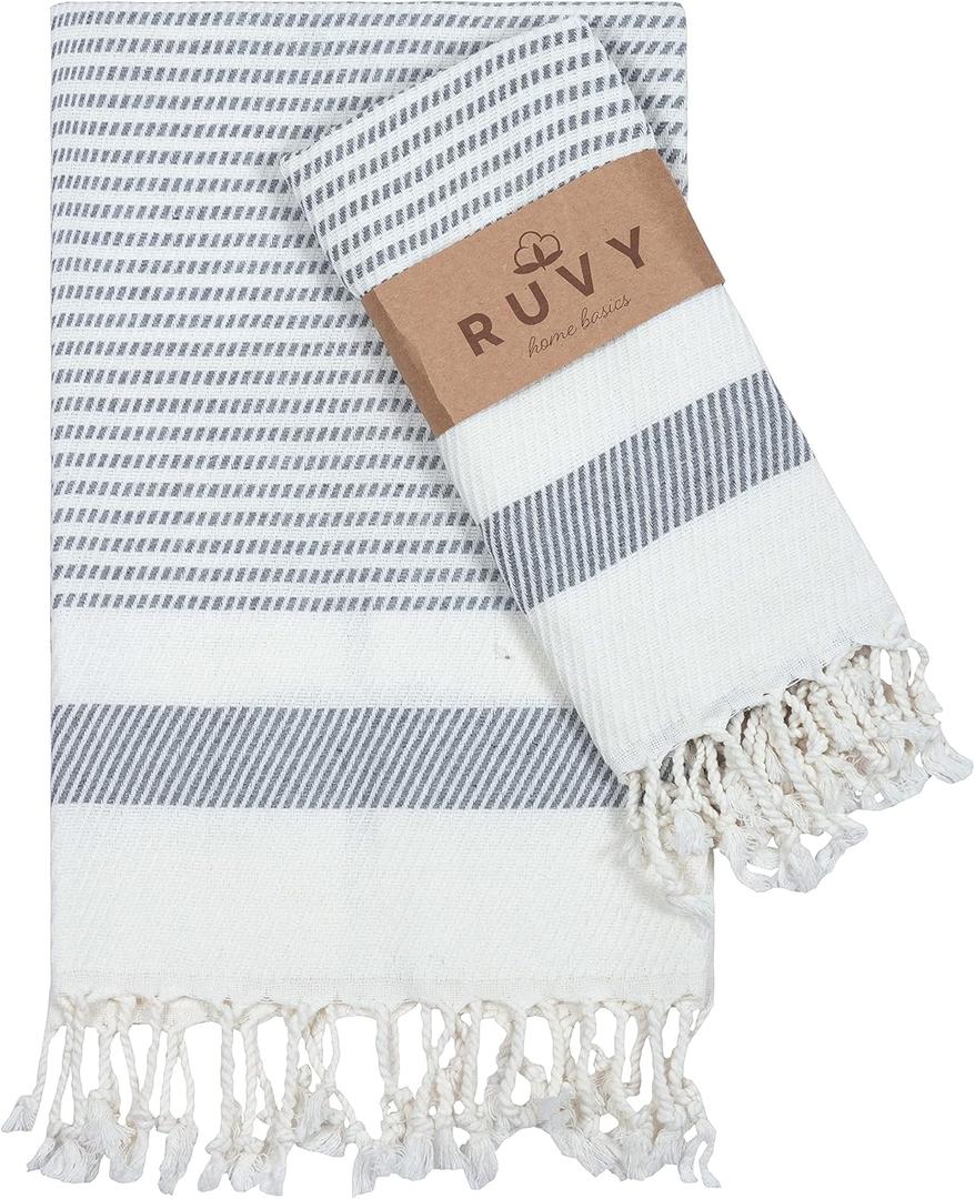 Ruvy Home Basics Turkish Hand Towels for Bathroom Set of 2 | 18"x40", Cotton | Decorative Towel for Bathroom, Kitchen, Dishcloth, Tea, Yoga, Face, Gym - Light Grey (Modern - 2 Pack)