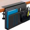 Desk Side Storage, Steel Side Desk Organizer, Clamp on Laptop Mount with Magnetic Pen Holder, No Drill Under Desk Laptop Holder, Table Hanging Storage for Home & Office Organization,  Black
