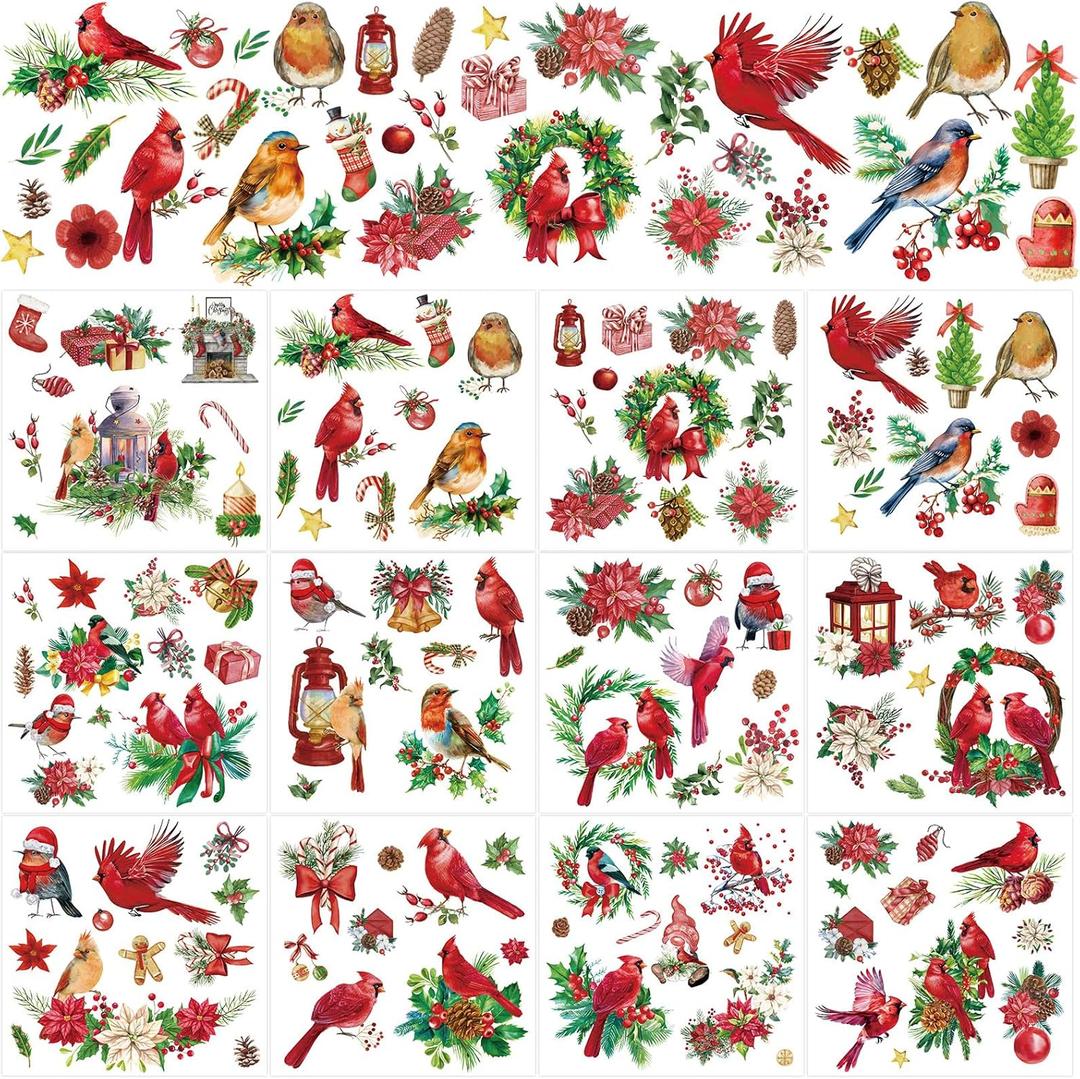 Whaline 12 Sheet Christmas Rub on Transfers Xmas Cardinal Wreath Pine Cone Transfer Stickers Winter Bird Furniture Decals for Home Office Paper Wood DIY Crafts, 5.9 x 5.9 Inch