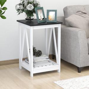 Farmhouse Square End Table, Accent Side Table with Slats Design, Sofa Side Table with Sturdy Frame for Living Room, Oak Black