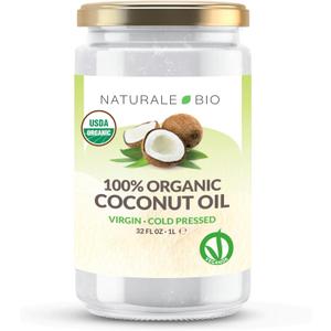 NaturaleBio Organic Virgin Coconut Oil 32 fl oz Raw Cold Pressed for Skin, Hair, Moisturizer, Massage, Body, Hand, Cream, Vegan Butter Alternative, Ideal Lotion, Perfect Care