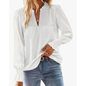 Boho Tops for Women V Neck Blouses Flowy Swiss Dot Dressy Casual Lace Womens Long Sleeve Shirts Trendy 2026 XL