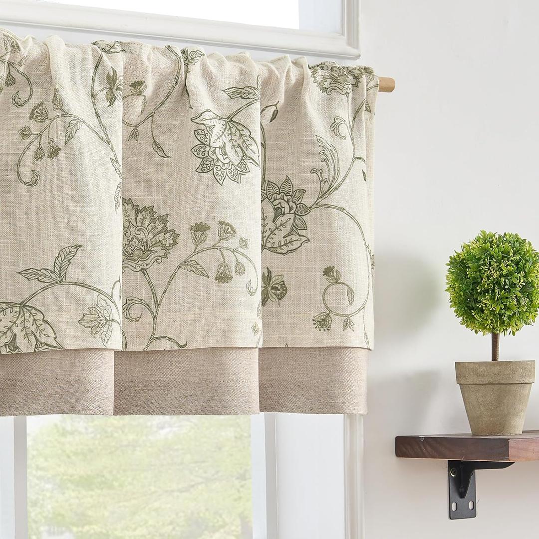 jinchan Linen Blend Rustic Floral Valance Double Layer Light Filtering Valance 18 Inch Cottagecore Farmhouse Window Treatment Decor for Kitchen Bedroom Living Room Rod Pocket 1 Panel Sage on Beige