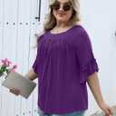 Micoson Womens Plus Size Tops 3/4 Ruffle Sleeve Shirts Crewneck Pleated Blouses Dressy Casual Fashion Tunic Top, 2XL
