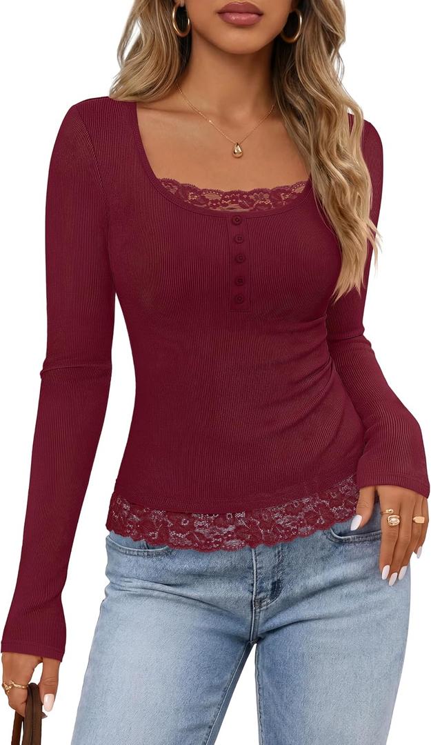 MEROKEETY Womens Fall Lace Trim Tops Cute Long Sleeve Scoop Neck Shirt 2026 (Red, S)