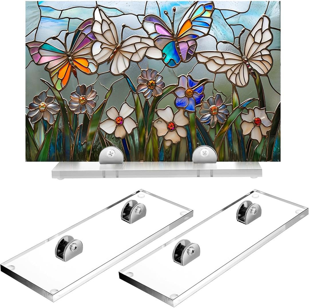 RattanView 2 Pcs Acrylic Adjustable Glass Display Stands Easel for Glass Art Creations, Stained, Ceramic Tiles, Plaques, Picture, Collectibles Ceramic Tiles Photo Office Trade Show Office, or Home (Clear and Silver)