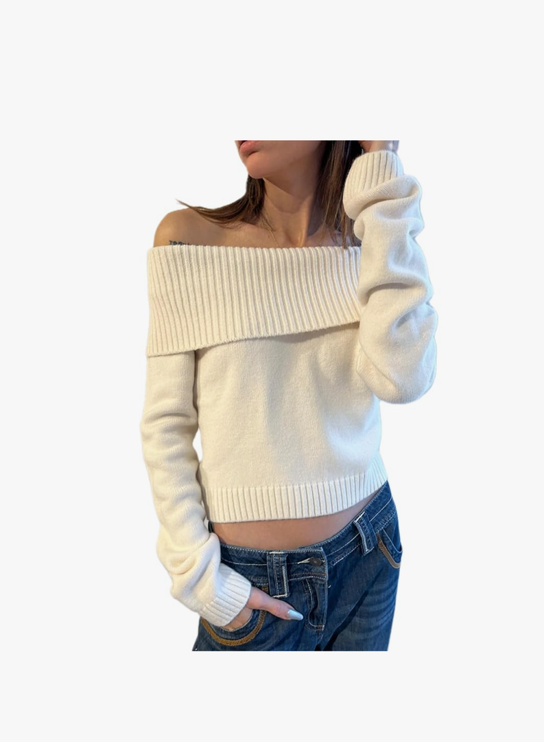 Women Off Shoulder Long Sleeve Sweater Y2K Ribbed Knit Pullover Solid Crop Top Going Out Boat Neck Blouse Size S