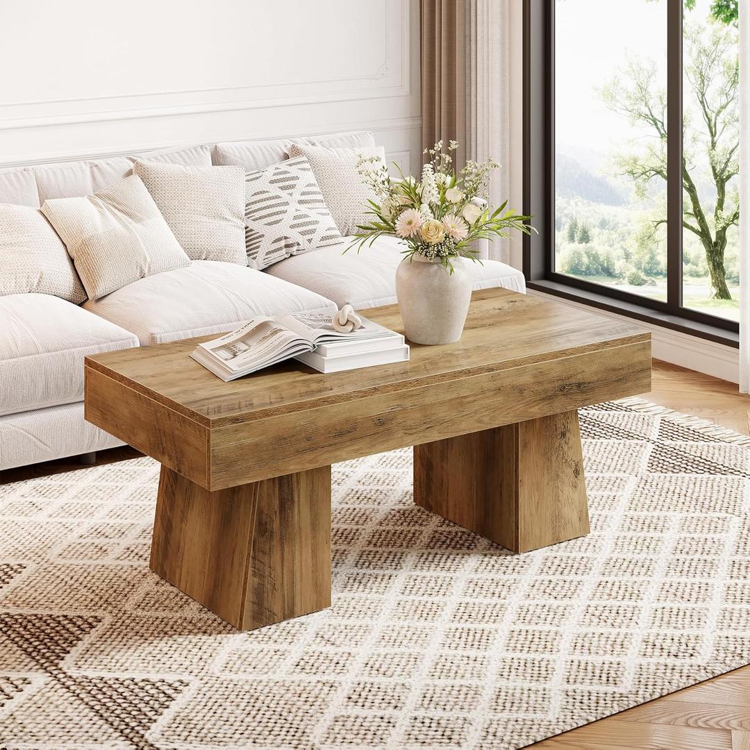 LITTLE TREE Farmhouse Coffee Table, 47 Inches Wooden Rectangular Accent Center Tables with Thick Base, Modern Low Cocktail Tea Furniture for Living Room (Rustic Brown)