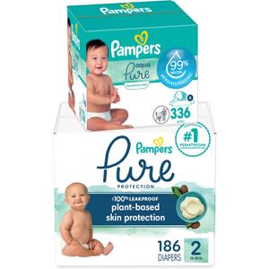 Pampers Pure Protection Disposable Baby Diapers Size 2, 186 Count with Aqua Pure Baby Wipes, 6X Pop-Top Packs (336 Count)