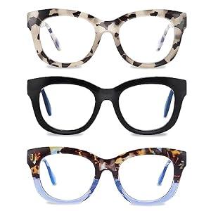 LADEESSE Readers for Women Fashion Style 3 Pack Square Reading Glasses with Spring Hinge Blue Light Blocking (1.75)