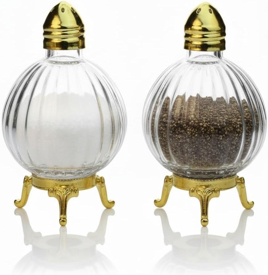 Decorative Glass Salt and Pepper Shakers, Globe Design, Gold-Silver Tone Metal Stand, Set of 2 (Gold)