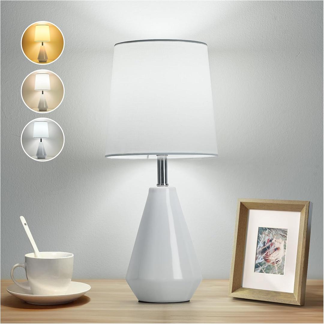 Small Bedside Table Lamp for Bedroom - Reading Desk Lamp with 3 Color Temperatures15.5" Nightstand Ceramic Lamp with Fabric Shade for Kids Room,Living Room,Dorm,Home Office (White)
